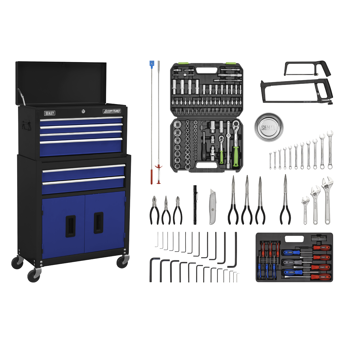 Sealey American PRO® Topchest & Rollcab Combination 6 Drawer with 170pc Tool Kit - Blue/Black