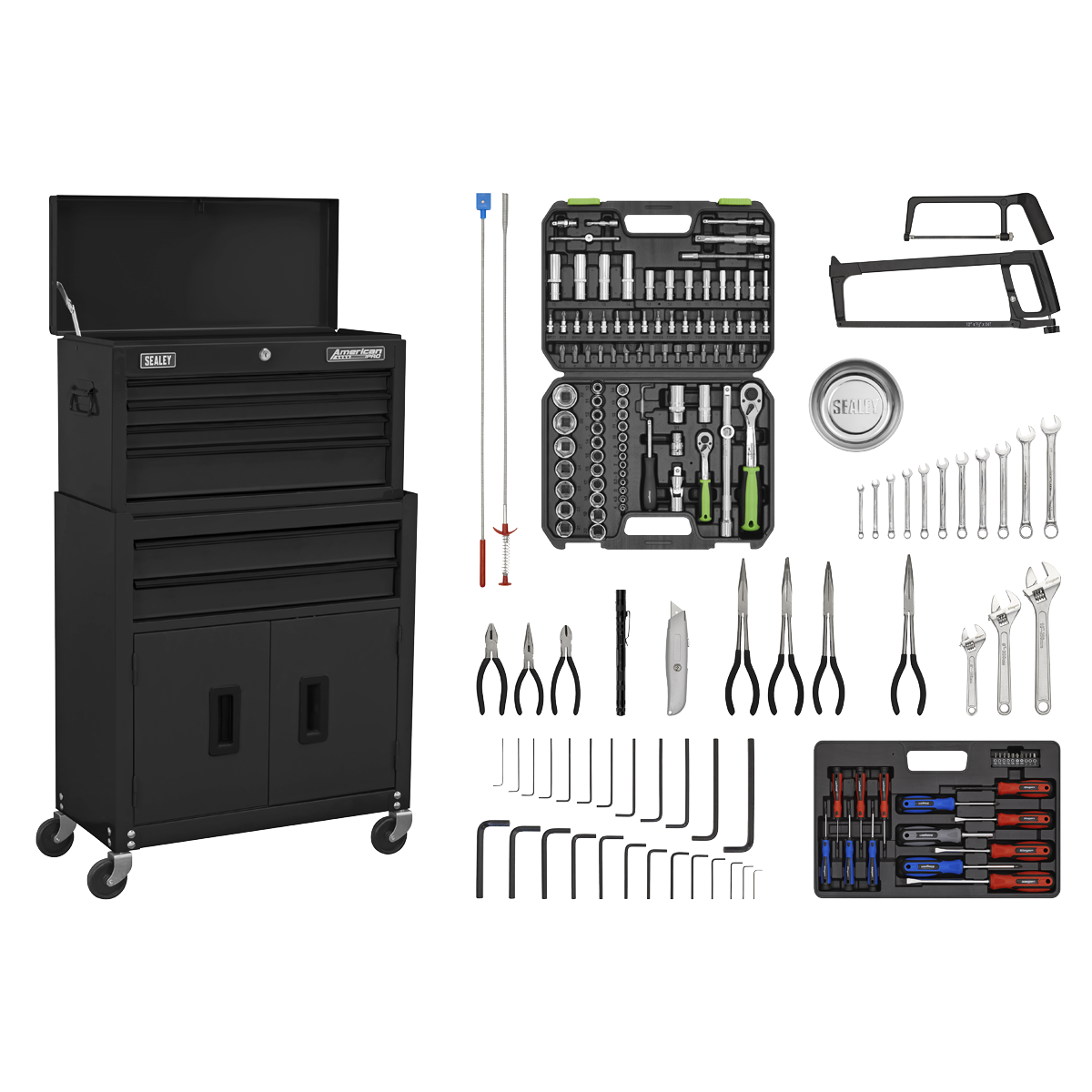 Sealey American PRO® Topchest & Rollcab Combination 6 Drawer with 170pc Tool Kit - Black