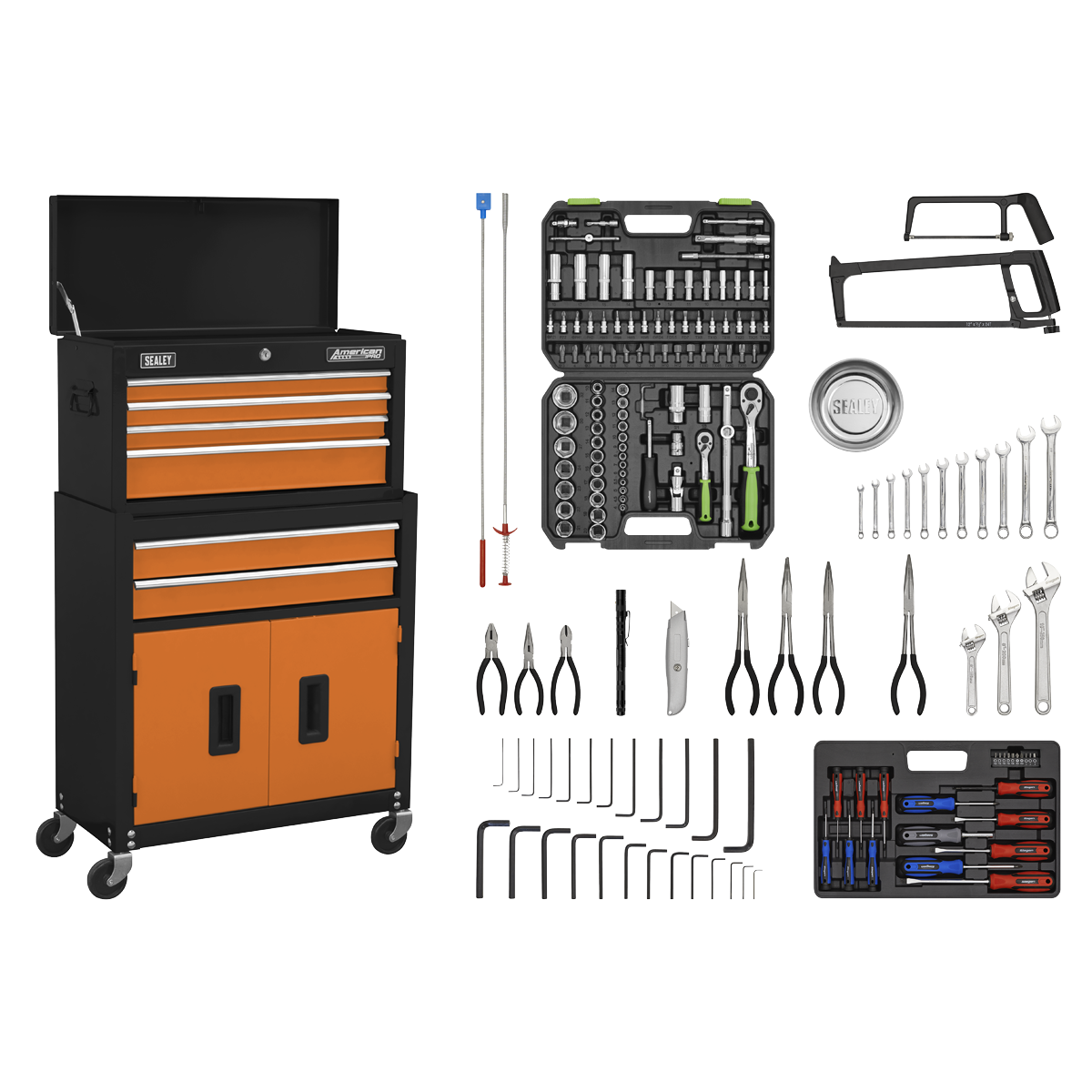 Sealey American PRO® Topchest & Rollcab Combination 6 Drawer with 170pc Tool Kit - Orange/Black