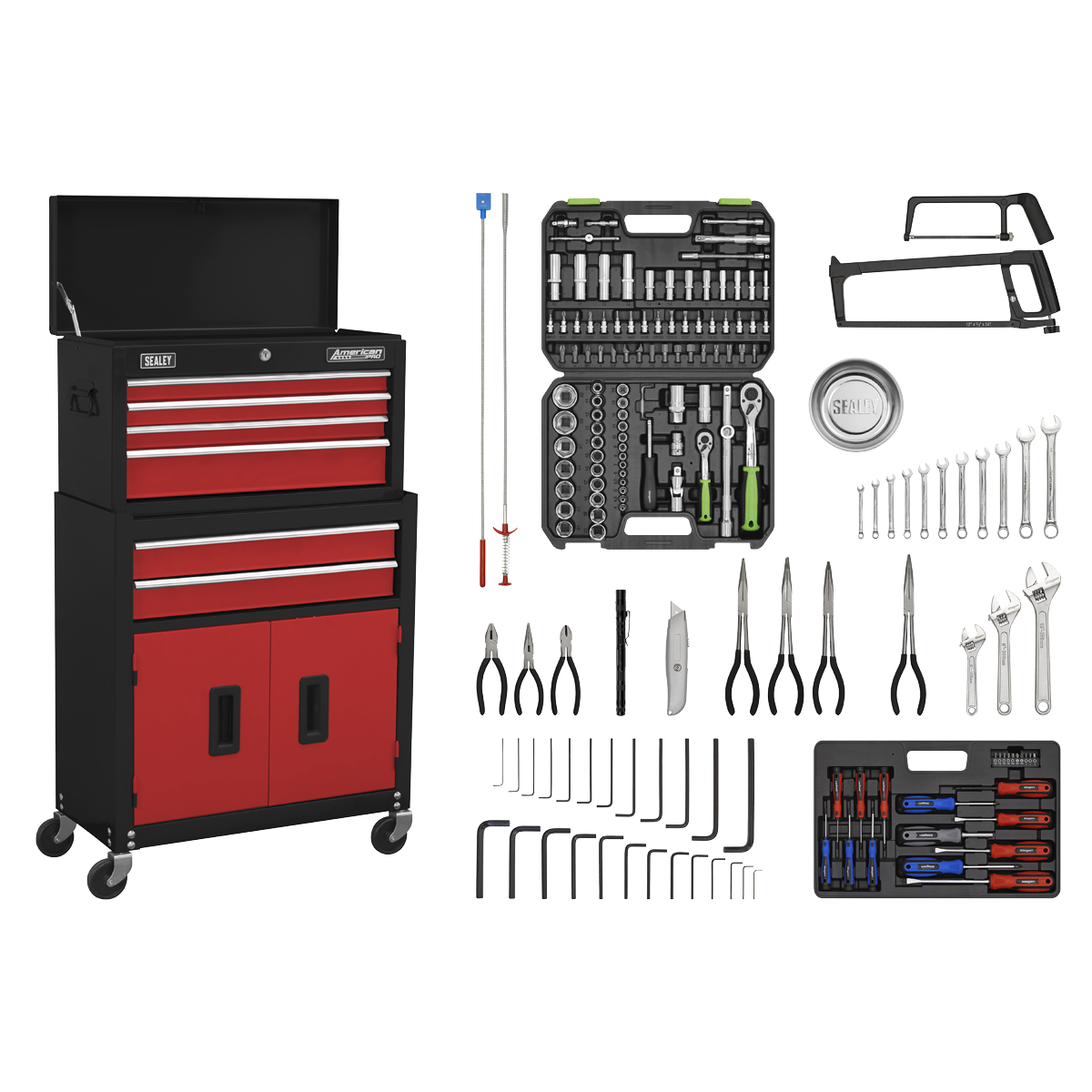 Sealey American PRO® Topchest & Rollcab Combination 6 Drawer with 170pc Tool Kit - Red/Black