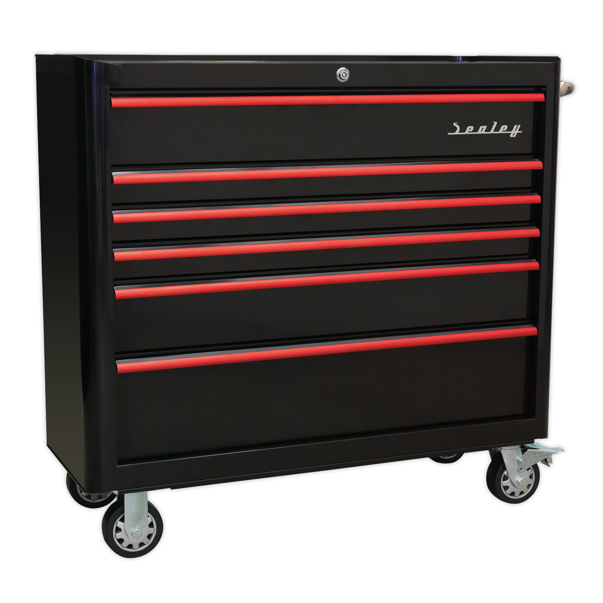 Sealey Premier™ Retro Style Wide Rollcab 6 Drawer - Black with Red Anodised Drawer Pulls