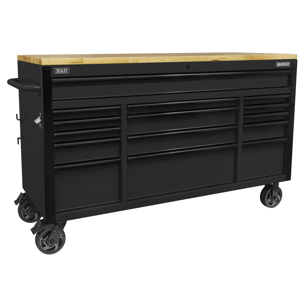 Sealey Superline PRO® Black Edition Mobile Trolley with Wooden Worktop 15 Drawer 1549mm