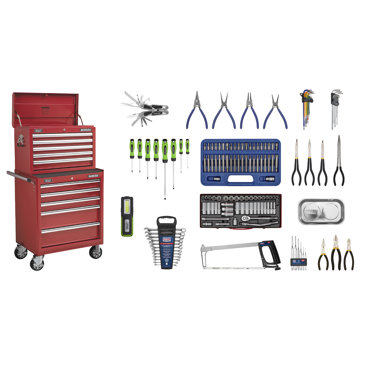Sealey Superline PRO® Topchest & Rollcab Combination 10 Drawer with 148pc Tool Kit - Red