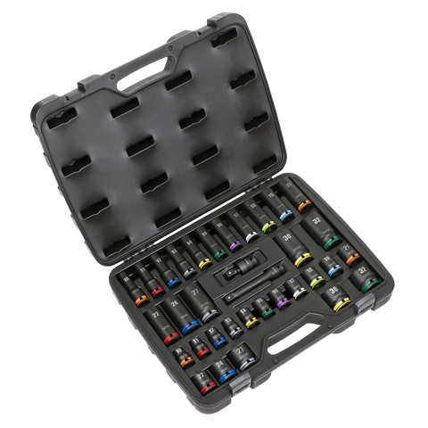 Sealey Lock-On™ Standard & Deep Impact Socket Set 34pc 1/2"Sq Drive 6pt Metric