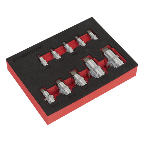 Sealey Premier Stubby Hex Socket Bit Set 1/4", 3/8" & 1/2"Sq Drive 10pc