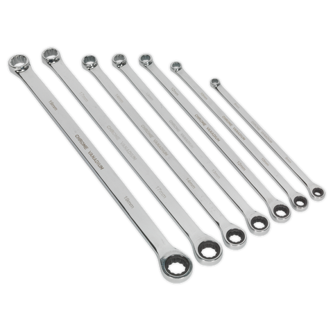 Sealey Premier Extra-Long Double Ring Ratchet/Fixed Spanner Set 7pc