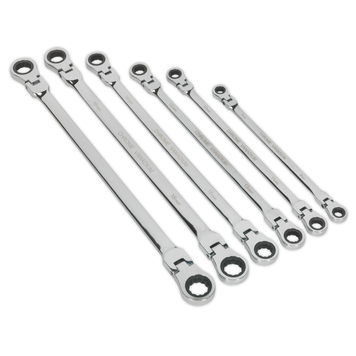 Sealey Premier Extra-Long Flexi-Head Double End Ratchet Ring Spanner Set 6pc Sealey 