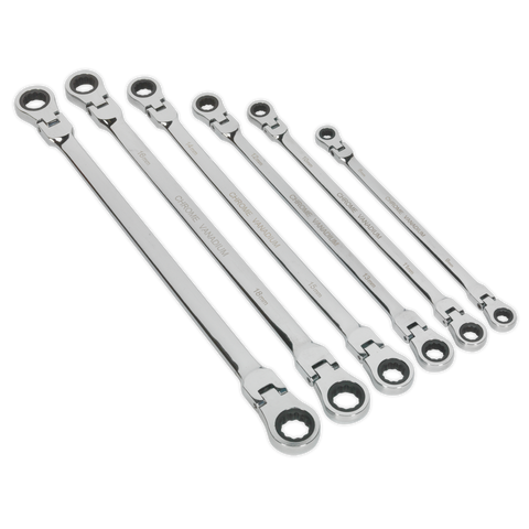 Sealey Premier Extra-Long Flexi-Head Double End Ratchet Ring Spanner Set 6pc