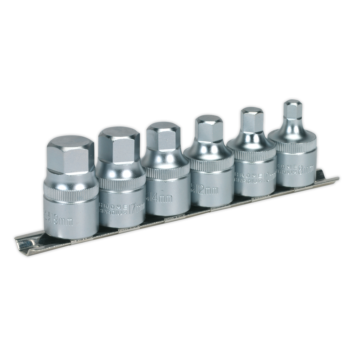 Sealey Premier Stubby Hex Socket Bit Set with Rail 1/2"Sq Drive 6pc