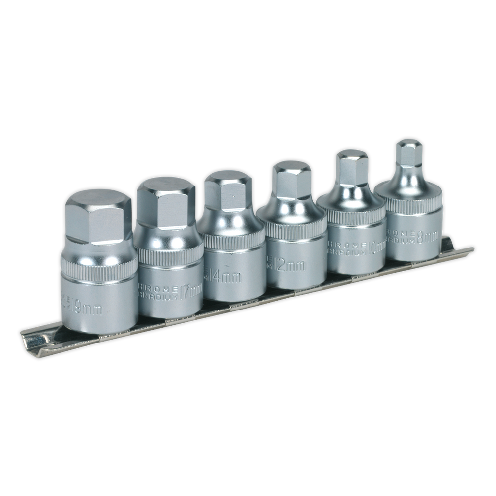 Sealey Premier Stubby Hex Socket Bit Set with Rail 1/2"Sq Drive 6pc
