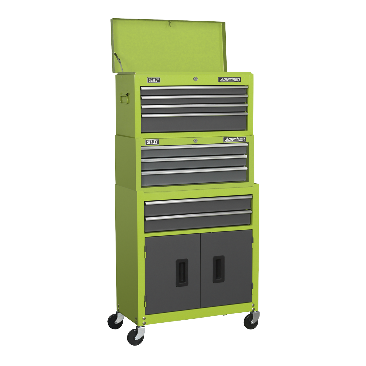 Sealey American PRO® Topchest, Mid-Box Tool Chest & Rollcab 9 Drawer Stack - Green Sealey 