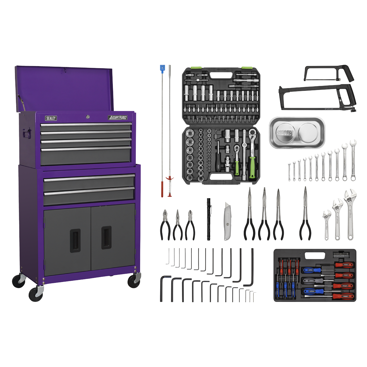 Sealey American PRO® Topchest & Rollcab Combination 6 Drawer with 170pc Tool Kit - Purple/Grey Sealey 