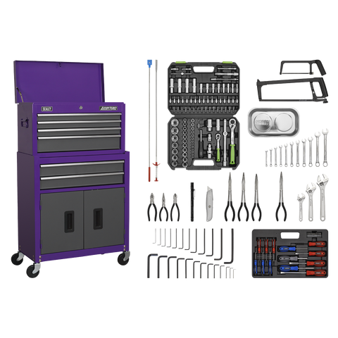 Sealey American PRO® Topchest & Rollcab Combination 6 Drawer with 170pc Tool Kit - Purple/Grey