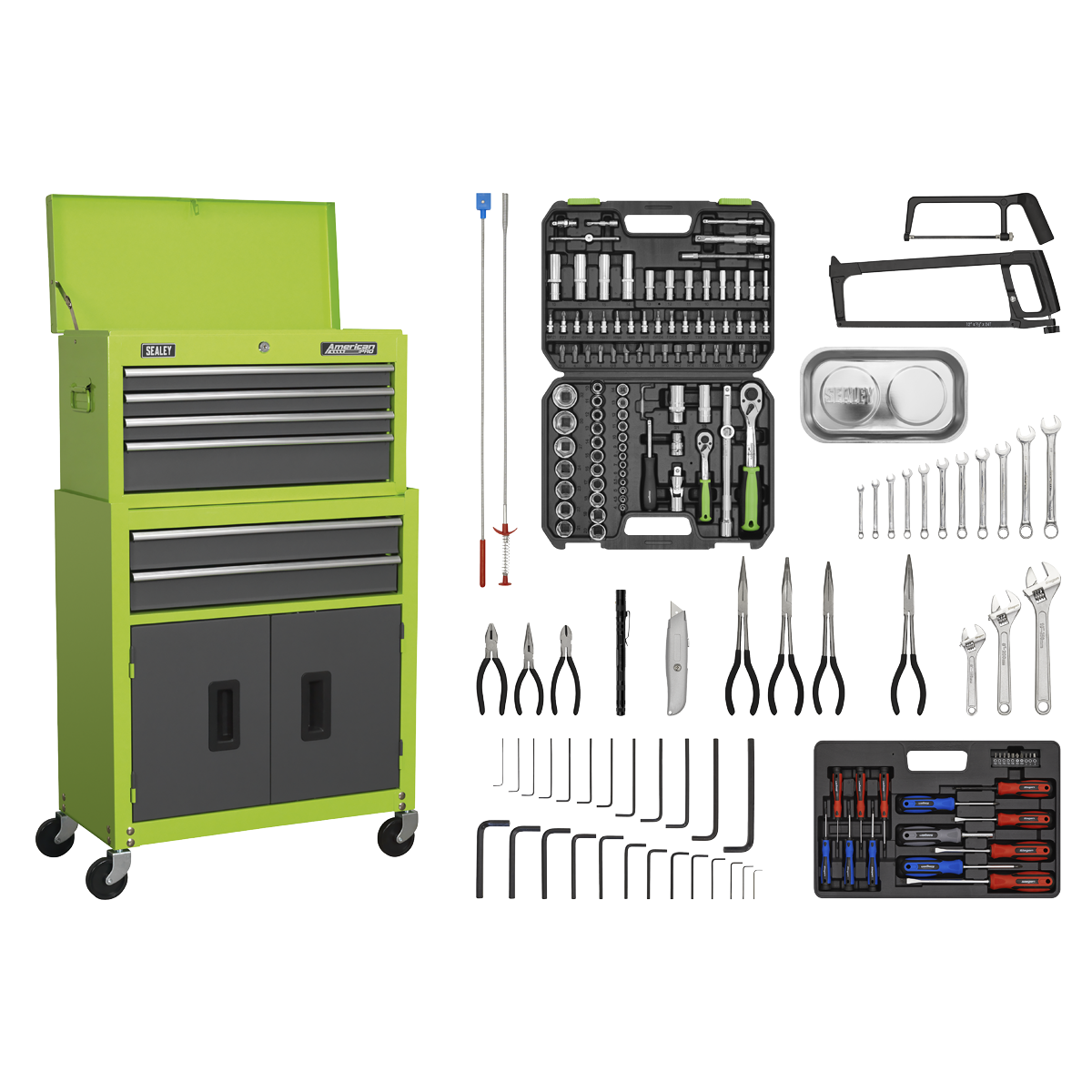 Sealey American PRO® Topchest & Rollcab Combination 6 Drawer with 170pc Tool Kit - Green/Grey Sealey 