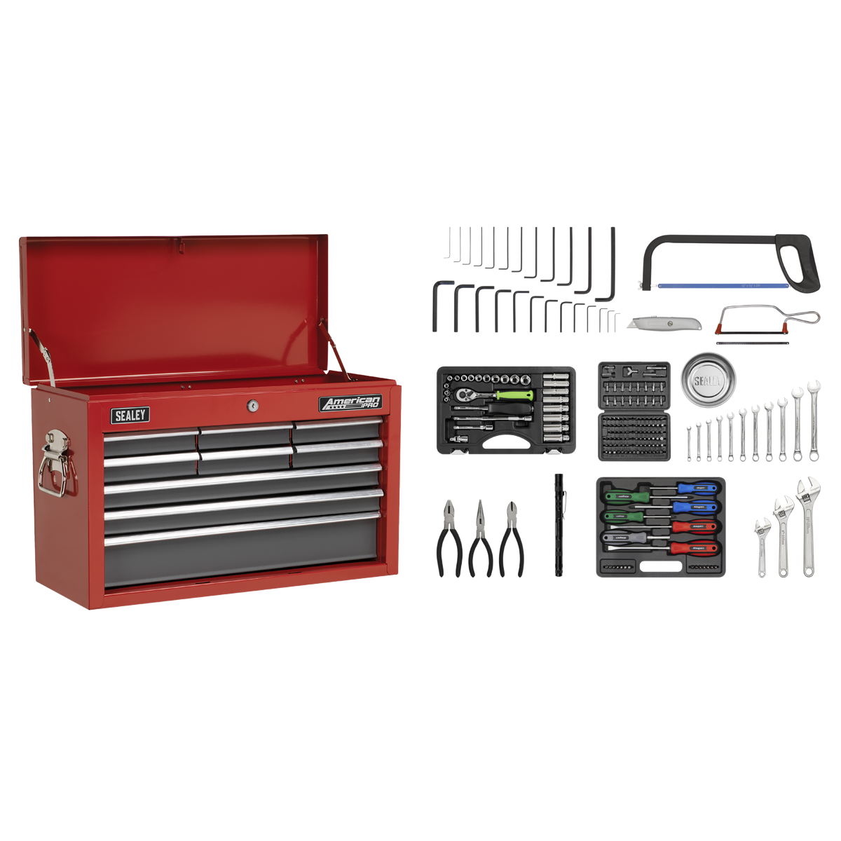 Sealey American PRO® Topchest 9 Drawer with 205pc Tool Kit - Red/Grey Sealey 
