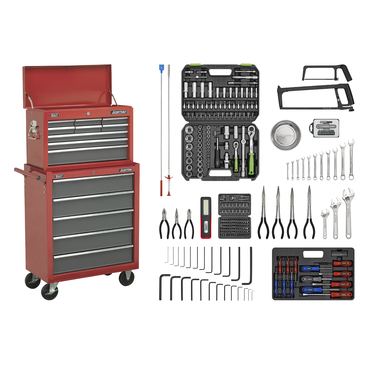 Sealey American PRO® Topchest & Rollcab Combination 14 Drawer with 281pc Tool Kit - Red/Grey Sealey 