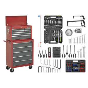 Sealey American PRO® Topchest & Rollcab Combination 14 Drawer with 281pc Tool Kit - Red/Grey