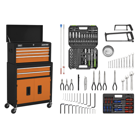 Sealey American PRO® Topchest & Rollcab Combination 6 Drawer with 170pc Tool Kit - Orange/Black