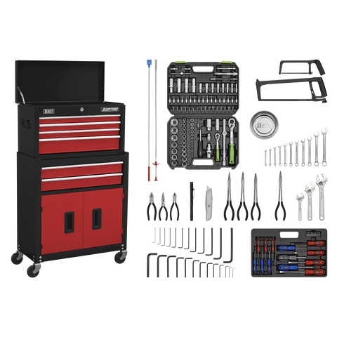 Sealey American PRO® Topchest & Rollcab Combination 6 Drawer with 170pc Tool Kit - Red/Black
