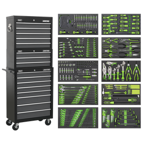 Sealey Tool Chest Combination 16 Drawer with Ball-Bearing Slides - Black/Grey & 398pc Tool Kit