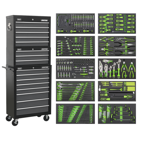 Sealey Tool Chest Combination 16 Drawer with Ball-Bearing Slides - Black/Grey & 398pc Tool Kit