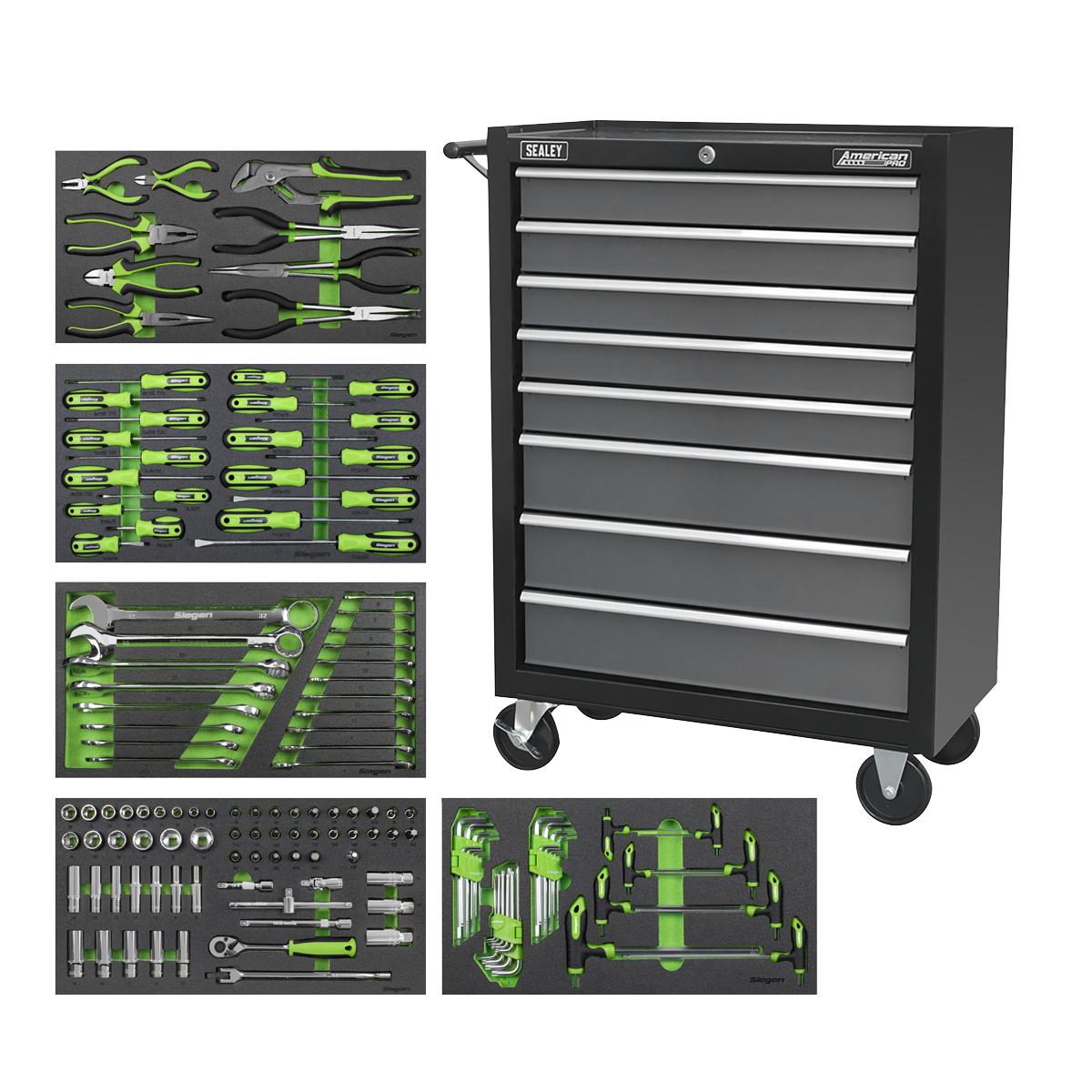 Sealey Rollcab 8 Drawer with 145pc Tool Kit - Black/Grey Sealey 