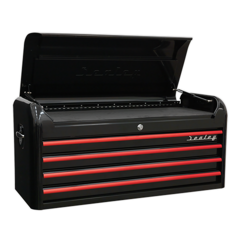 Sealey Premier™ Retro Style Wide Topchest 4 Drawer - Black with Red Anodised Drawer Pulls
