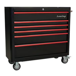 Sealey Premier™ Retro Style Wide Rollcab 6 Drawer - Black with Red Anodised Drawer Pulls