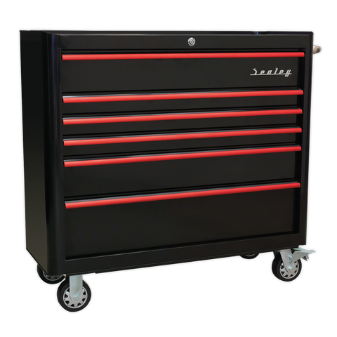 Sealey Premier™ Retro Style Wide Rollcab 6 Drawer - Black with Red Anodised Drawer Pulls