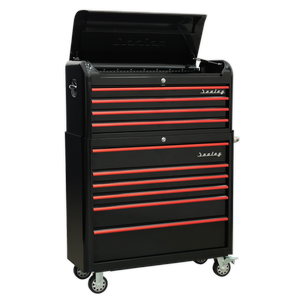 Sealey Premier™ Retro Style Wide Topchest & Rollcab Combination 10 Drawer - Black with Red Anodised Drawer Pulls