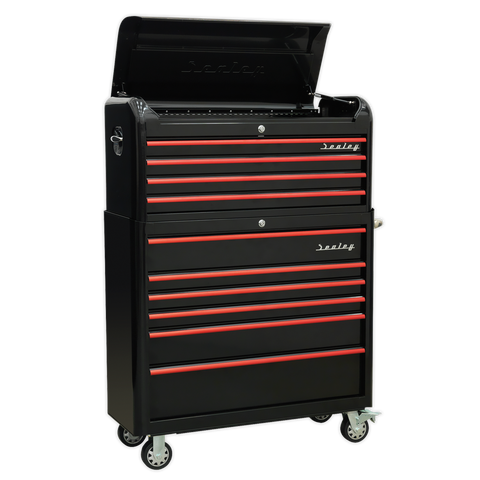 Sealey Premier™ Retro Style Wide Topchest & Rollcab Combination 10 Drawer - Black with Red Anodised Drawer Pulls