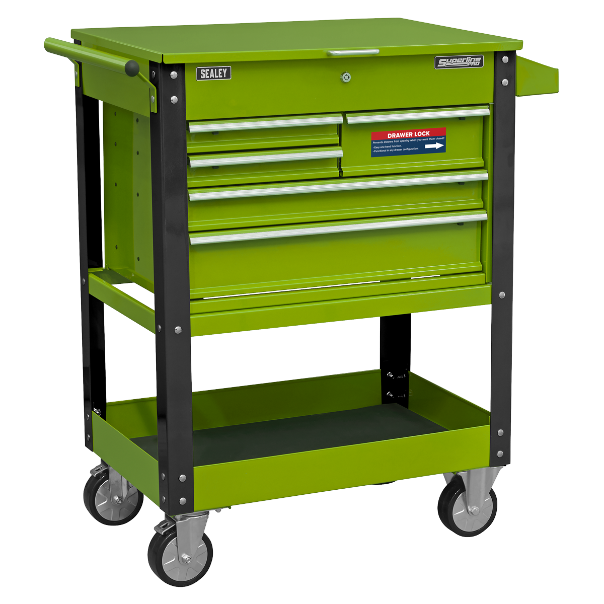 Sealey Superline PRO® Heavy-Duty Mobile Tool & Parts Trolley with 5 Drawers and Lockable Top - Hi-Vis Green Sealey 