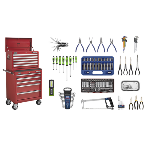 Sealey Superline PRO® Topchest & Rollcab Combination 10 Drawer with 148pc Tool Kit - Red