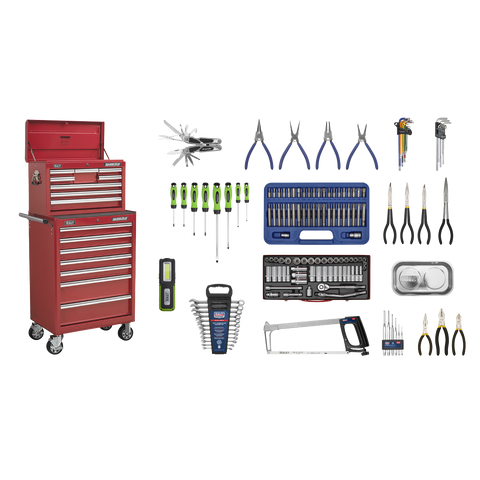 Sealey Superline PRO® Topchest & Rollcab Combination 15 Drawer with 148pc Tool Kit - Red