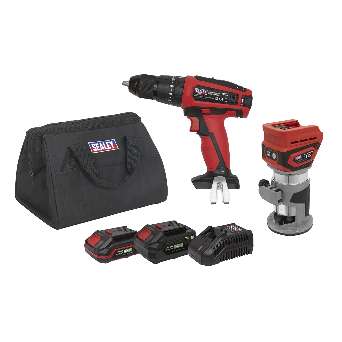 Sealey 2 x SV20 Series Cordless Router & Combi Drill Kit 20V - 2 Batteries Sealey 