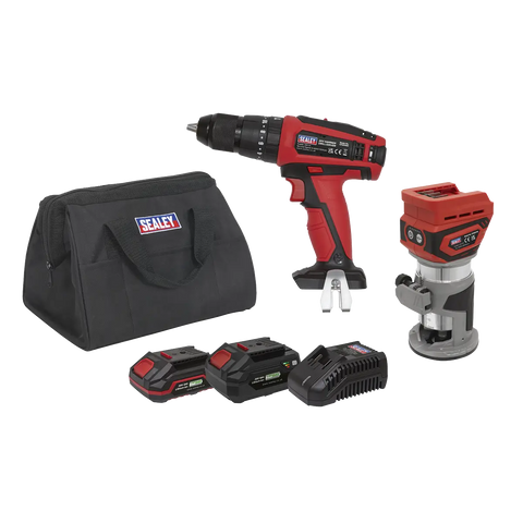 Sealey 2 x SV20 Series Cordless Router & Combi Drill Kit 20V - 2 Batteries