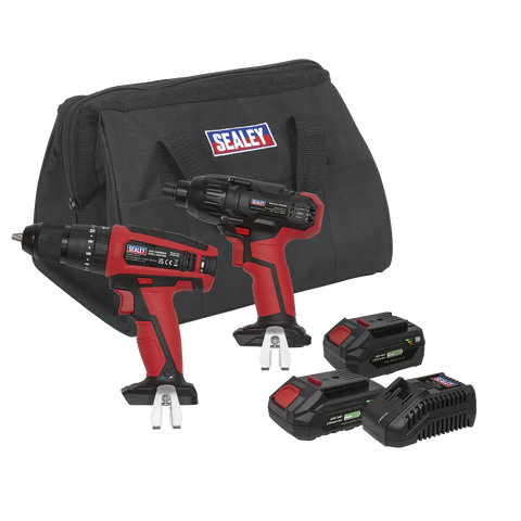 Sealey 2 x SV20 Series Cordless 13mm Combi Drill & 1/4"Hex Drive Impact Driver Combo Kit 20V - 2 Batteries