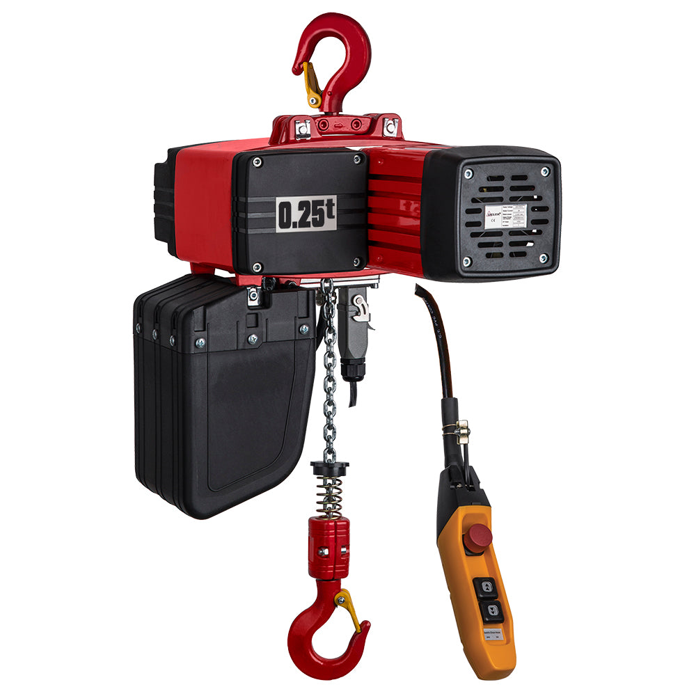 Red and black electric chain hoist with remote control on a white background