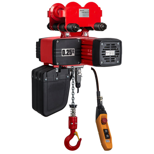 Red and black Delta electric hoist with control pendant on a white background