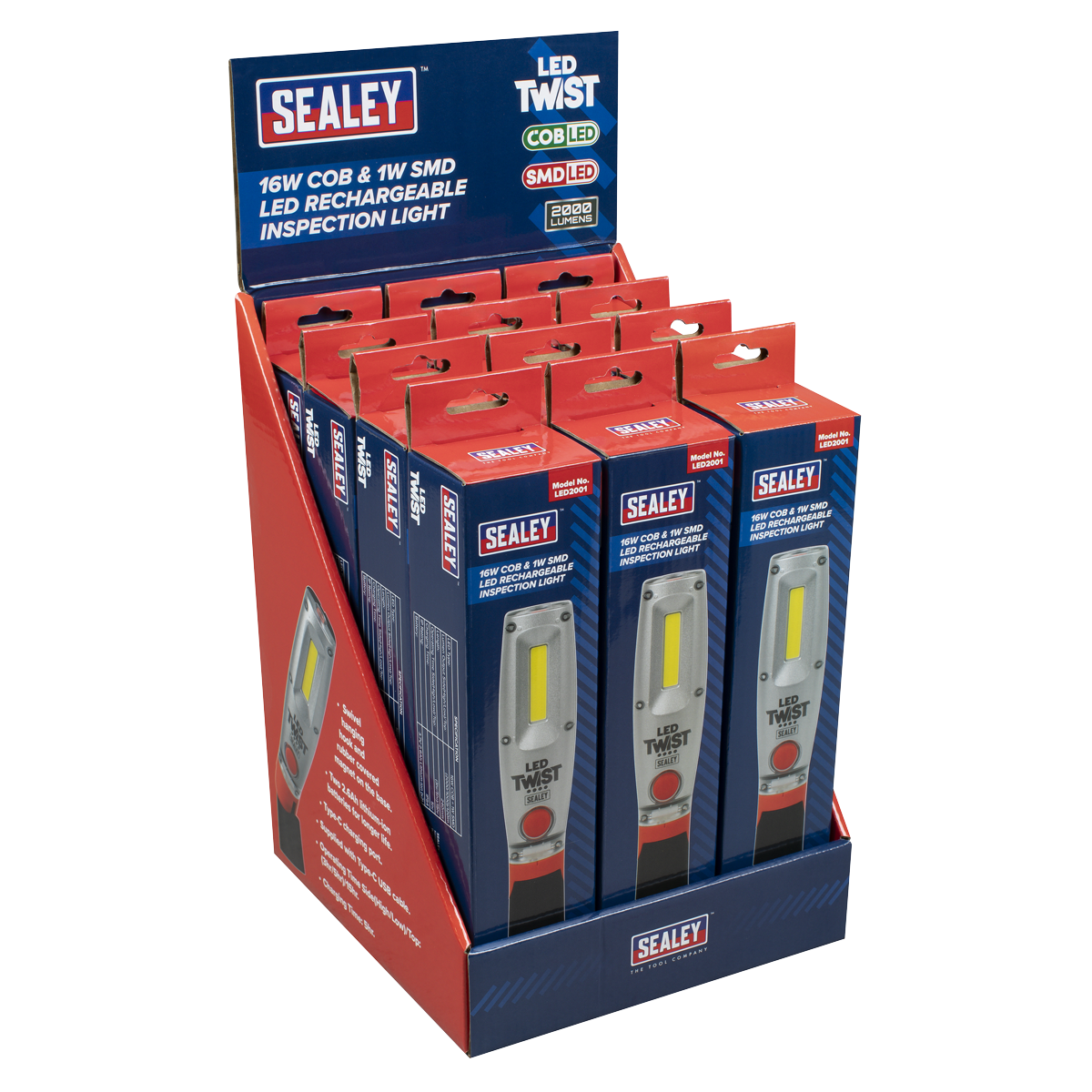Sealey LED Twist Rechargeable Inspection Light 16W COB & 1W SMD - Display Box of 12 Sealey 