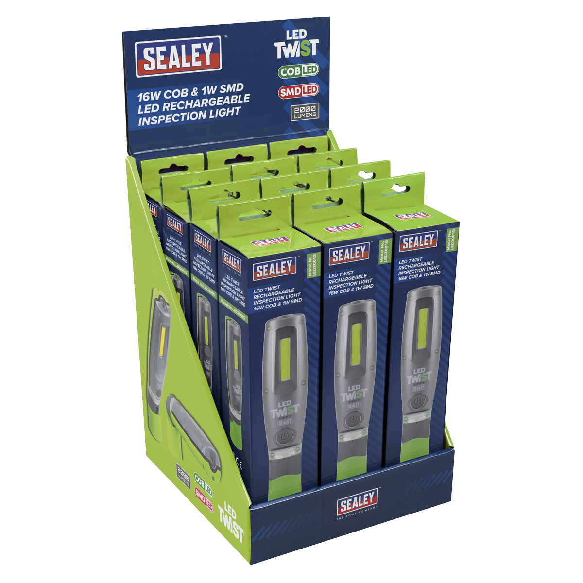Sealey Rechargeable Inspection Light 16W COB & 1W SMD LED - Green - Display Box of 12 Sealey 