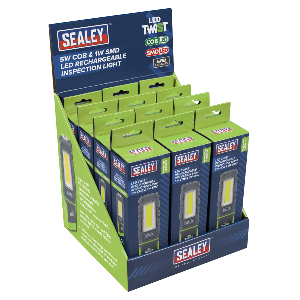 Sealey LED Twist Rechargeable Inspection Light, Green - Box of 12 Sealey 