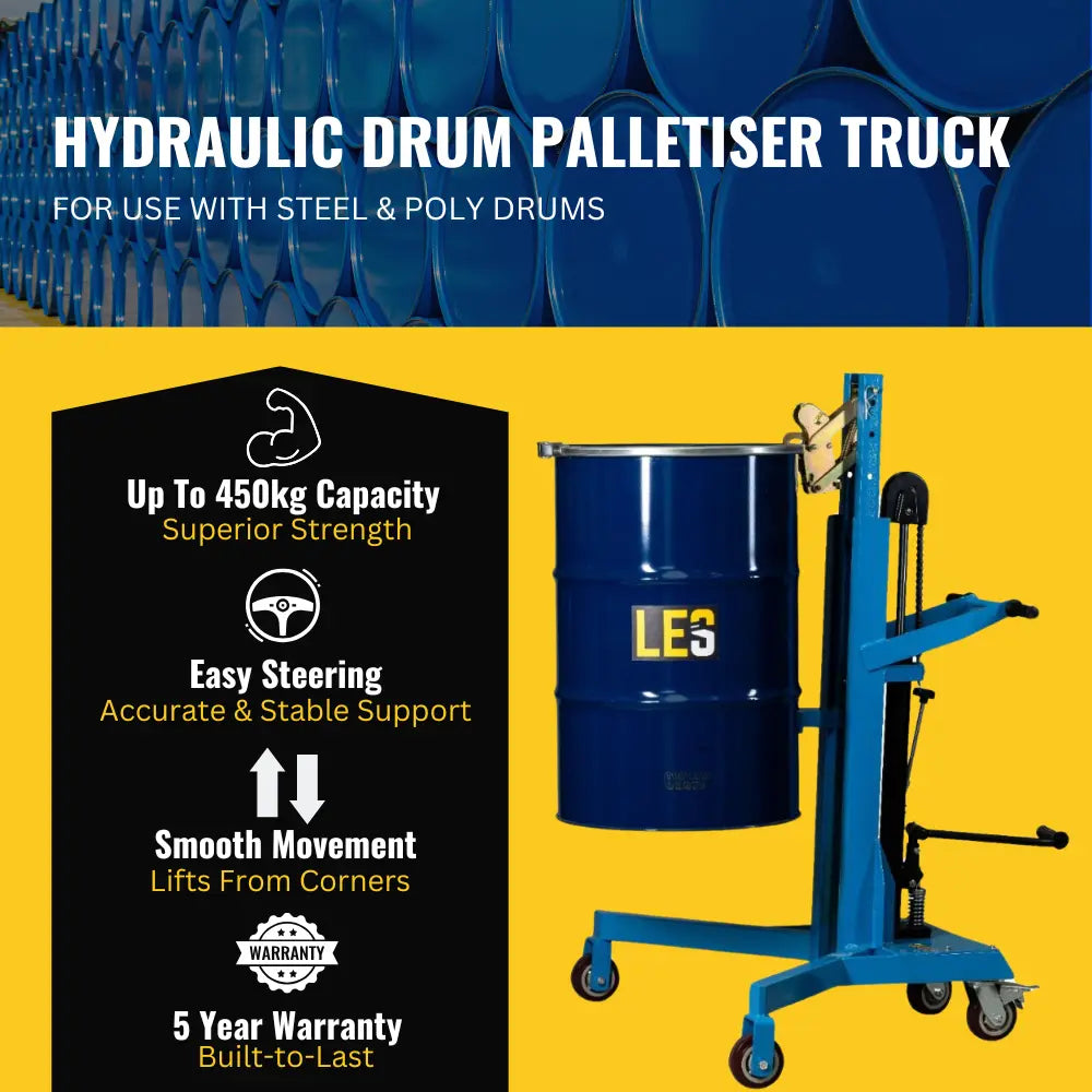 Hydraulic drum palletiser truck with features listed on a yellow background