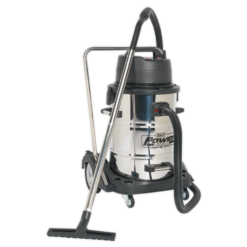 Sealey Industrial Vacuum Cleaner Wet & Dry Stainless Steel Drum with Swivel Emptying 77L 2400W