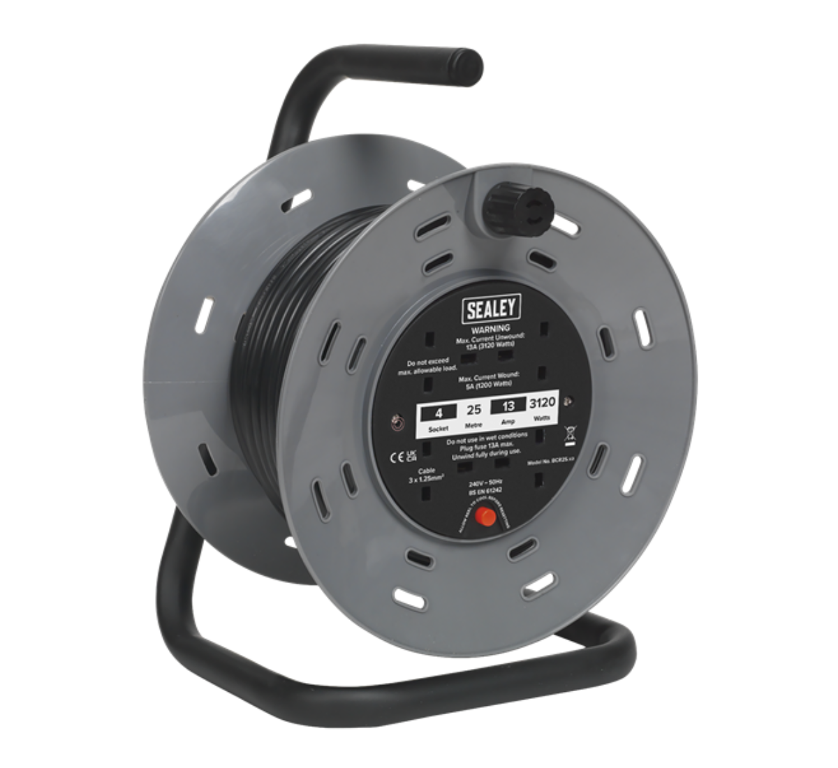 Sealey 25m Cable Reel with Thermal Trip 4 x 230V (RCD Plug)