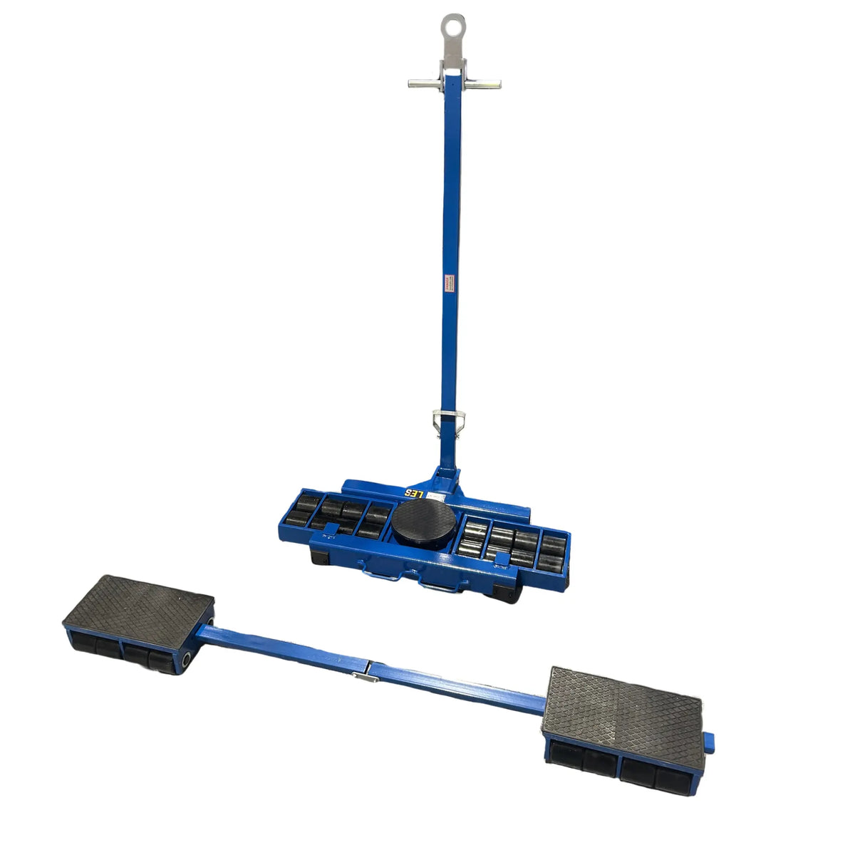 A blue 32tonne industrial skate system with a long handle and two textured black foot pads, shown in both folded and extended positions on a plain white background.