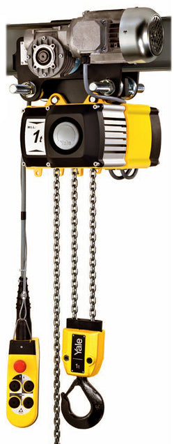 A yellow and black Yale electric chain hoist with a control pendant, suspended from a ceiling with a chain attached to it, designed for lifting heavy materials in industrial settings.