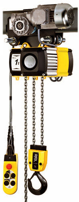A yellow and black Yale electric chain hoist with a control pendant, suspended from a ceiling with a chain attached to it, designed for lifting heavy materials in industrial settings.