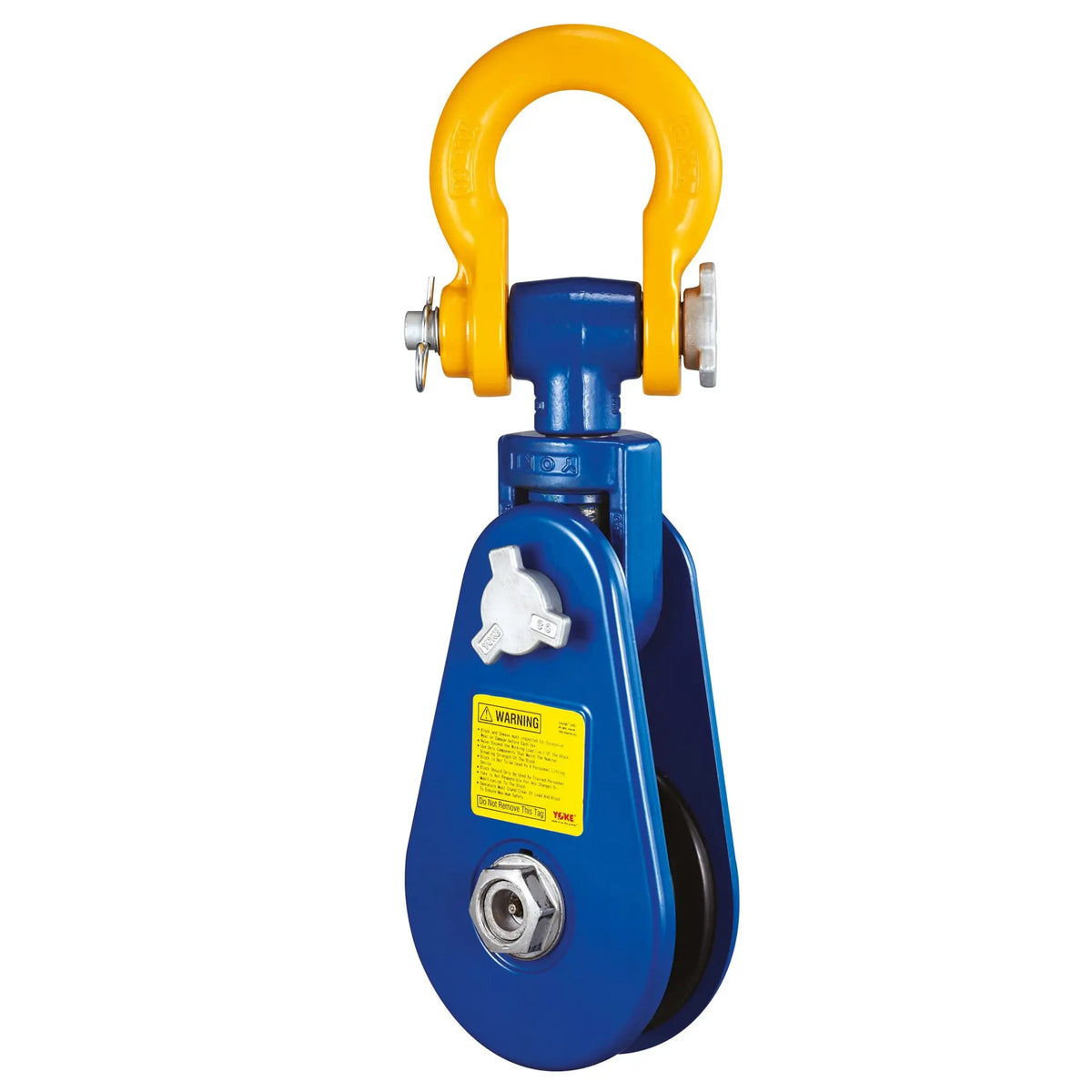 Blue pulley system by Yoke with yellow shackle on a white background