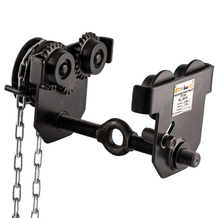 Black mechanical beam travel trolley with gears and chain on a white background